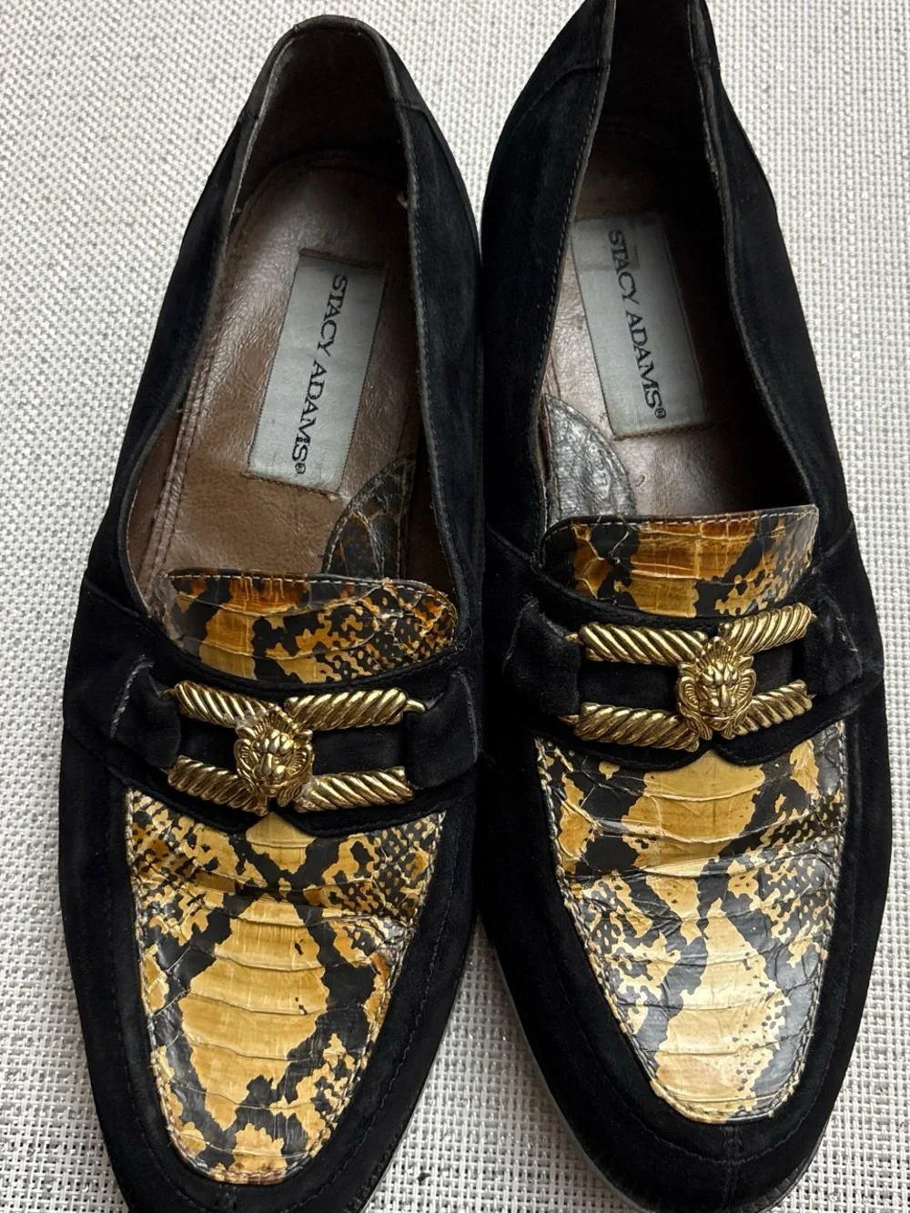 Stacy Adams Black Suede mens Loafers with  Black & yellow Snakeskin, size 9